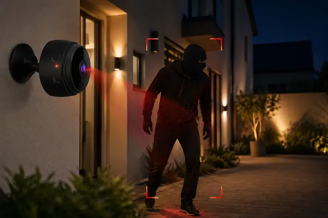 Home security camera keeping watch over a house entrance at night